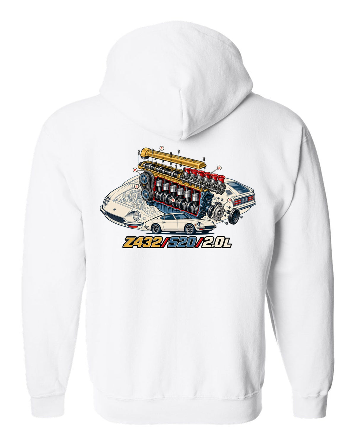 Exploded cutaway engine print for the Z432 with S20 2.0L lettering white zip hoodie back view with the design