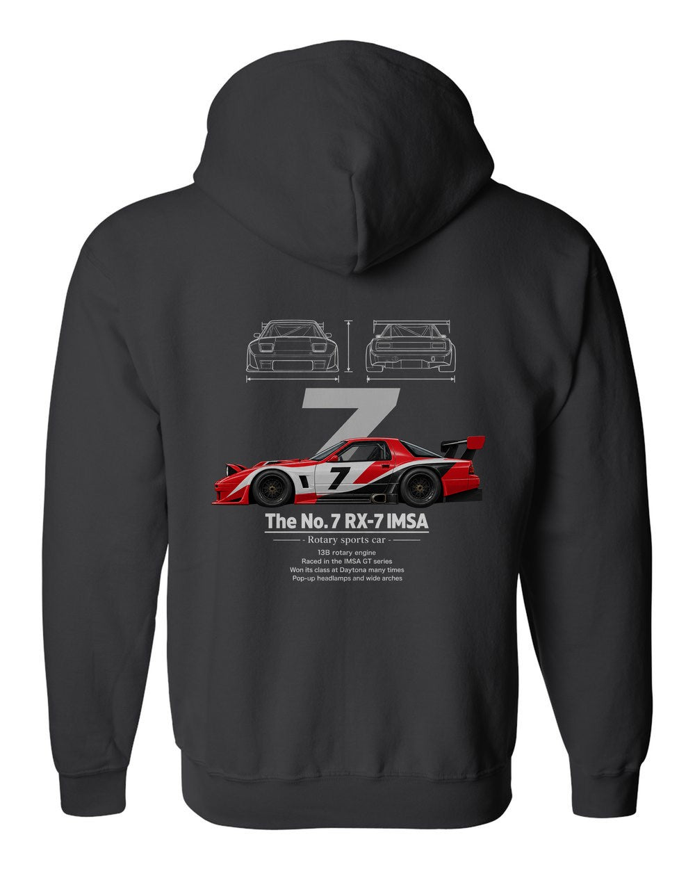 No. 7 RX-7 IMSA black zip hoodie back view with the design
