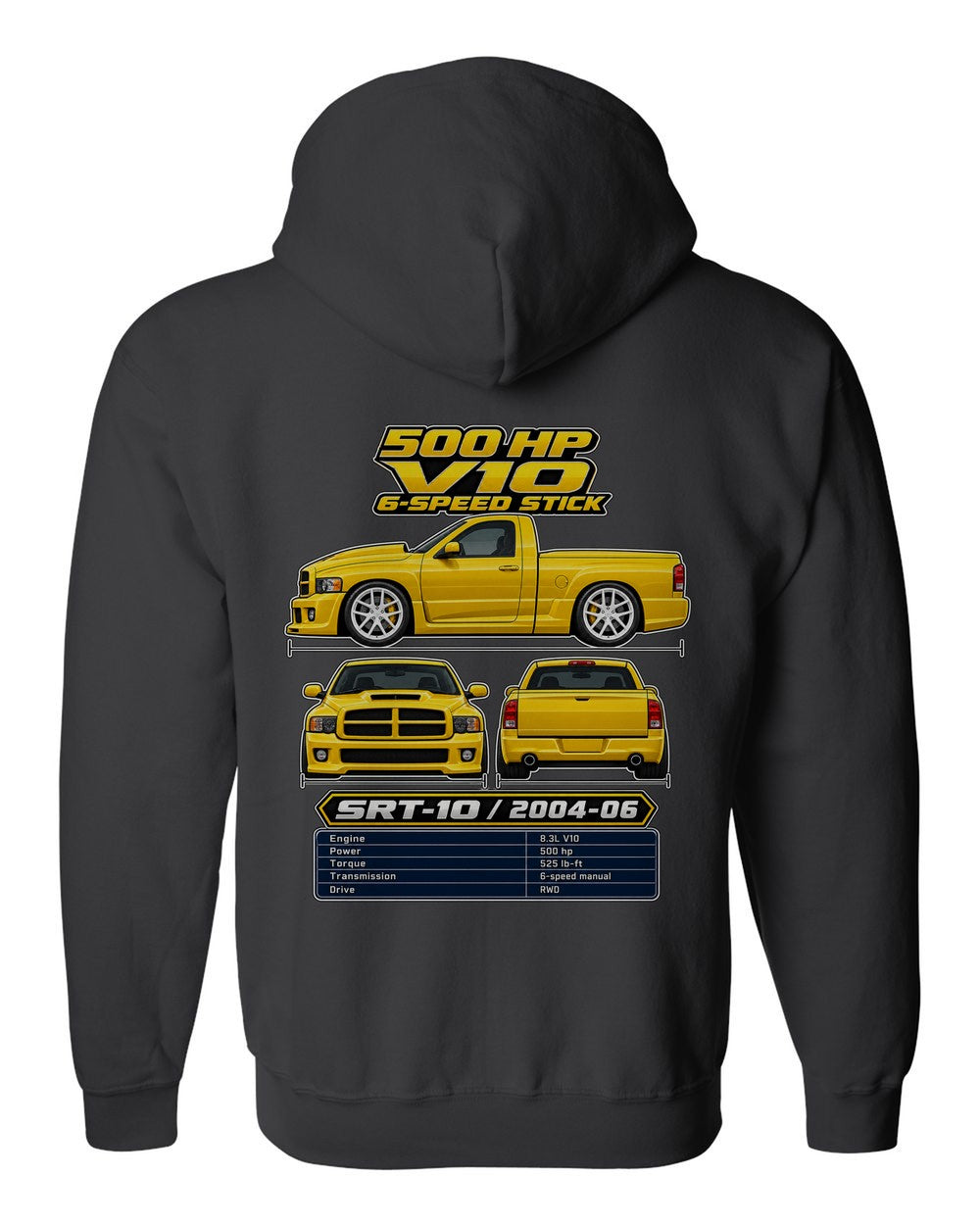 Dodge RAM Srt10 spec sheet black zip hoodie back view with the design