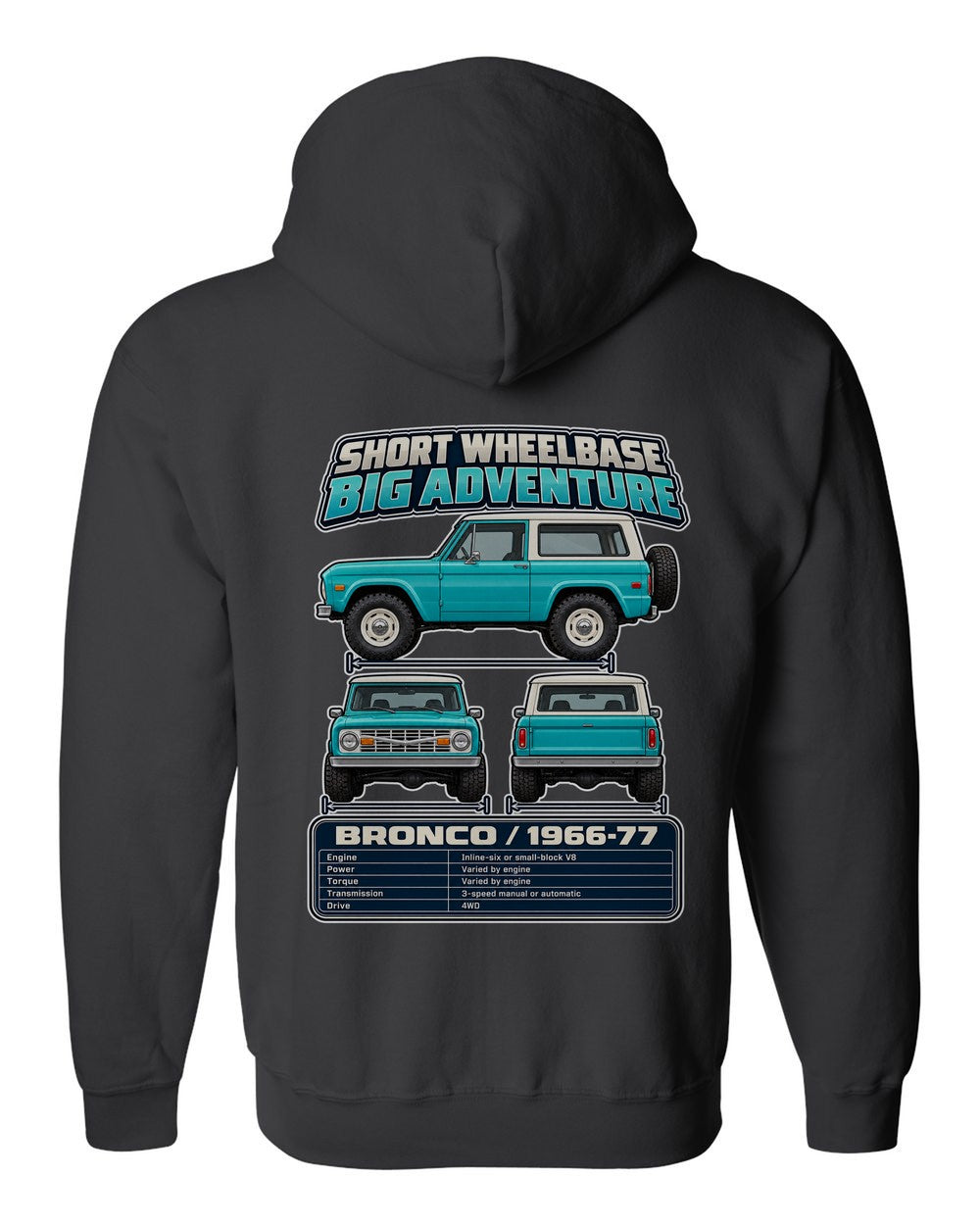 Ford Early Bronco spec sheet black zip hoodie back view with the design