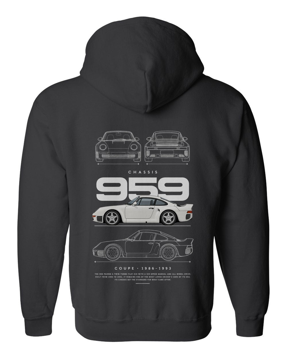 959 full-back artwork black zip hoodie back view with the design