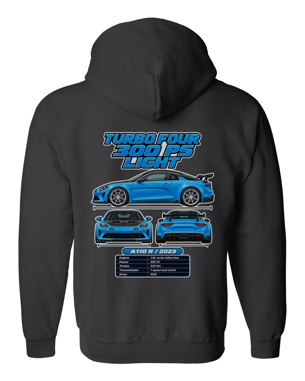 Alpine A110 R spec sheet black zip hoodie back view with the design