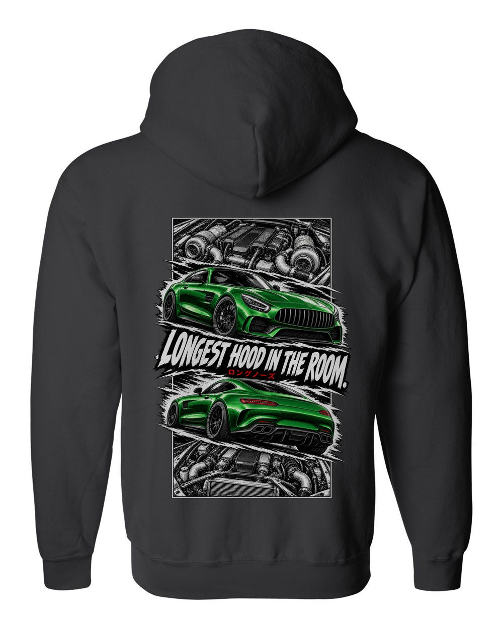 Mercedes-AMG Gt torn poster black zip hoodie back view with the design