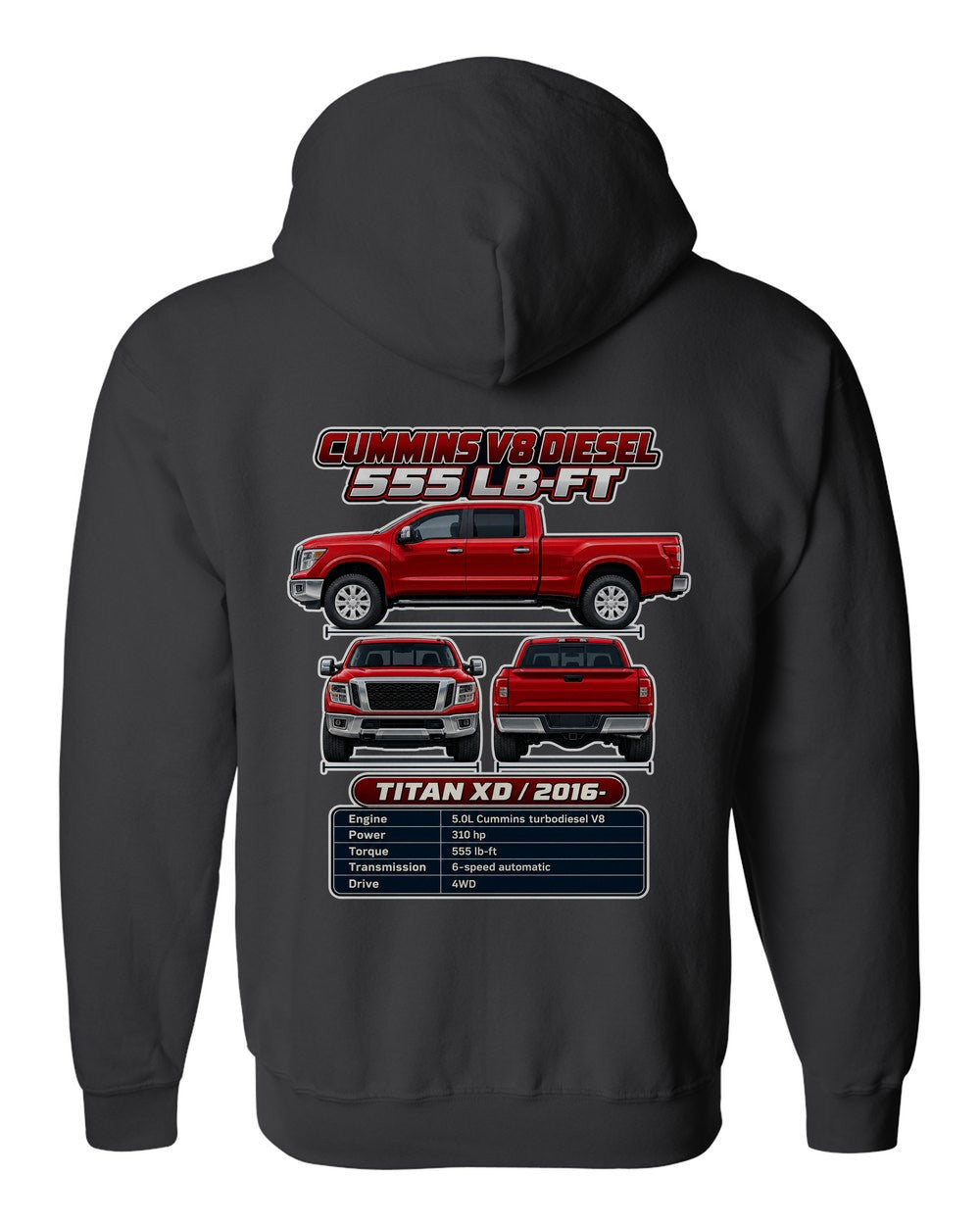 Nissan Titan Xd spec sheet black zip hoodie back view with the design