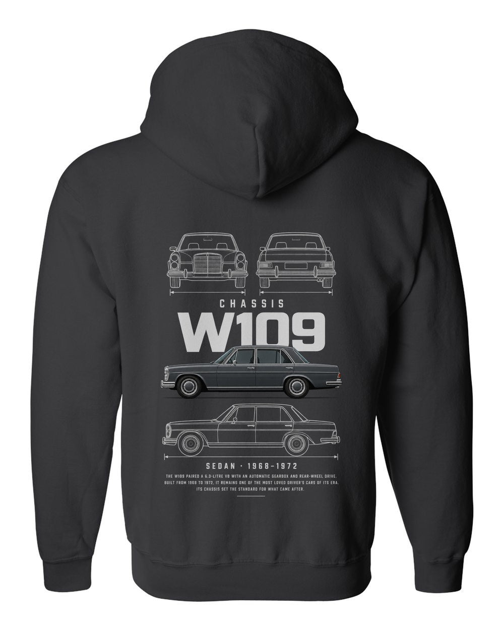 W109 full-back artwork black zip hoodie back view with the design