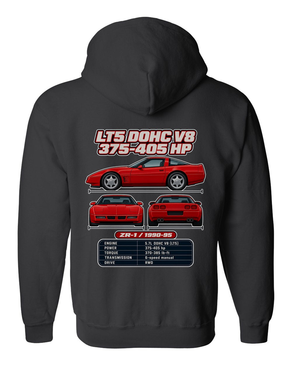 Chevrolet Corvette C4 Zr1 spec sheet black zip hoodie back view with the design