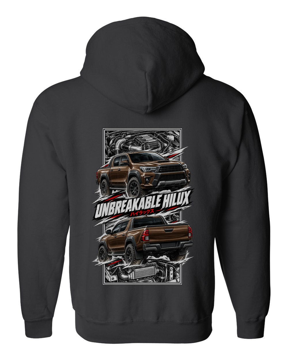 Toyota Hilux torn poster black zip hoodie back view with the design