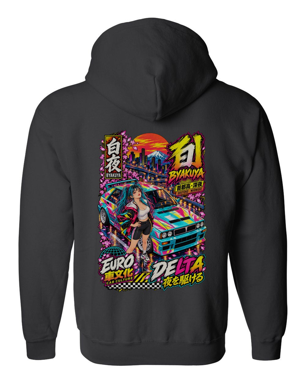 BYAKUYA DELTA full-back artwork black zip hoodie back view with the design
