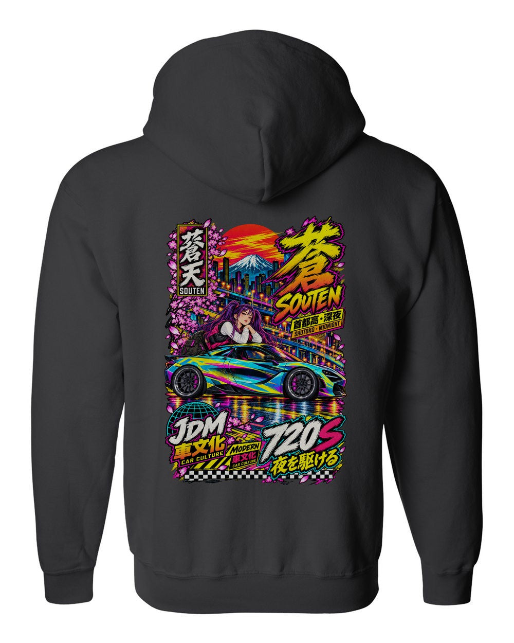 SOUTEN 720S full-back artwork black zip hoodie back view with the design
