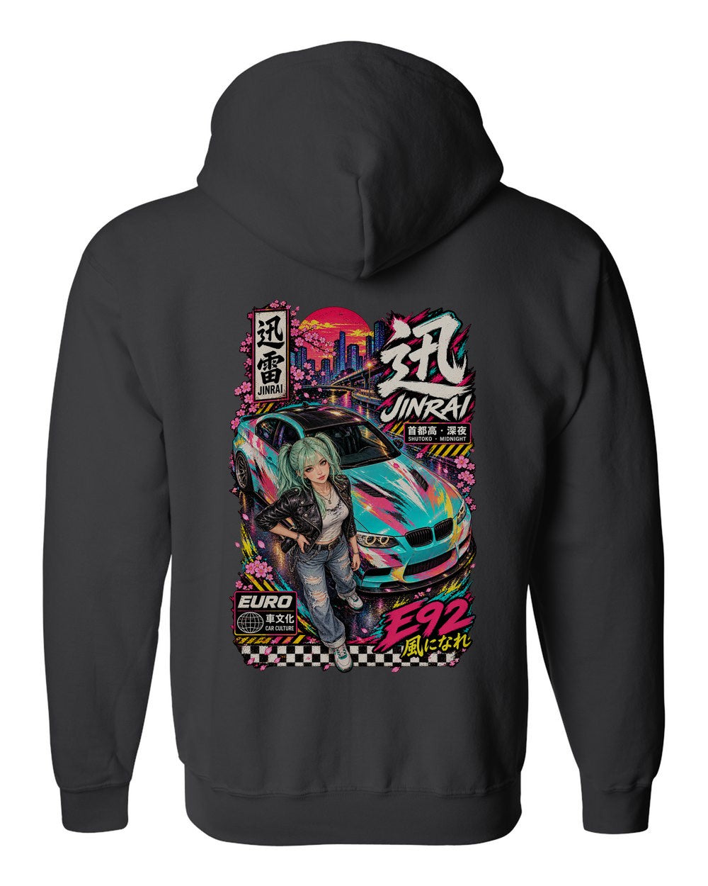 JINRAI E92 full-back artwork black zip hoodie back view with the design