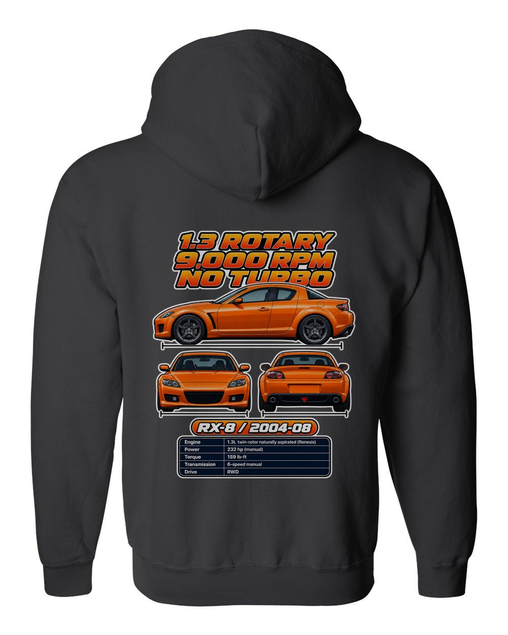 Mazda Rx 8 spec sheet black zip hoodie back view with the design