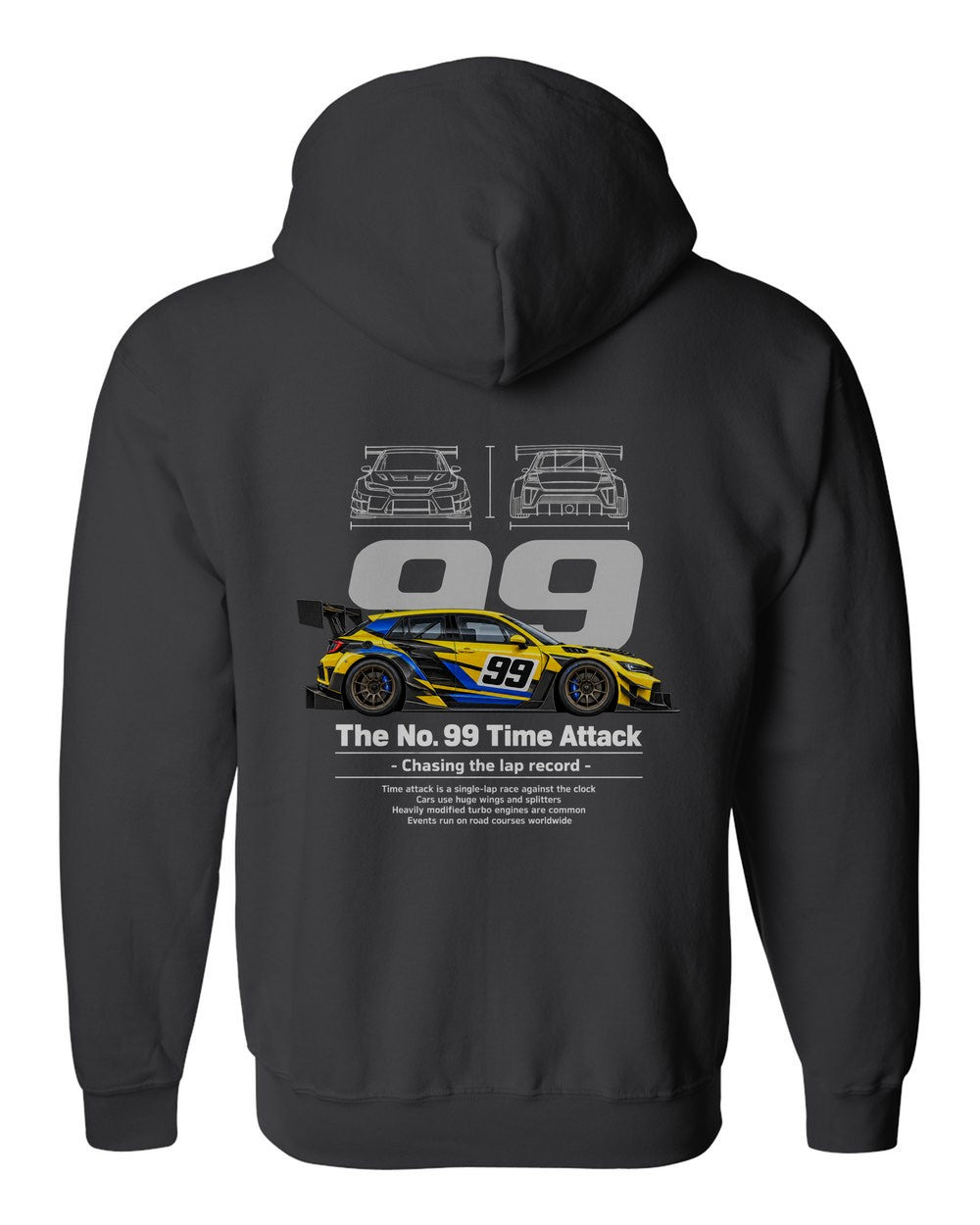 No. 99 Time Attack black zip hoodie back view with the design