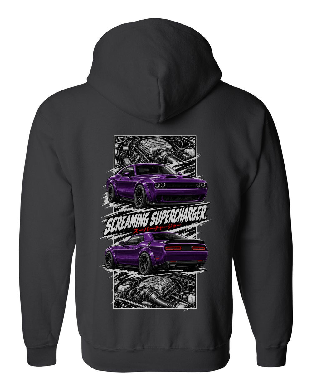 Dodge Hellcat torn poster black zip hoodie back view with the design