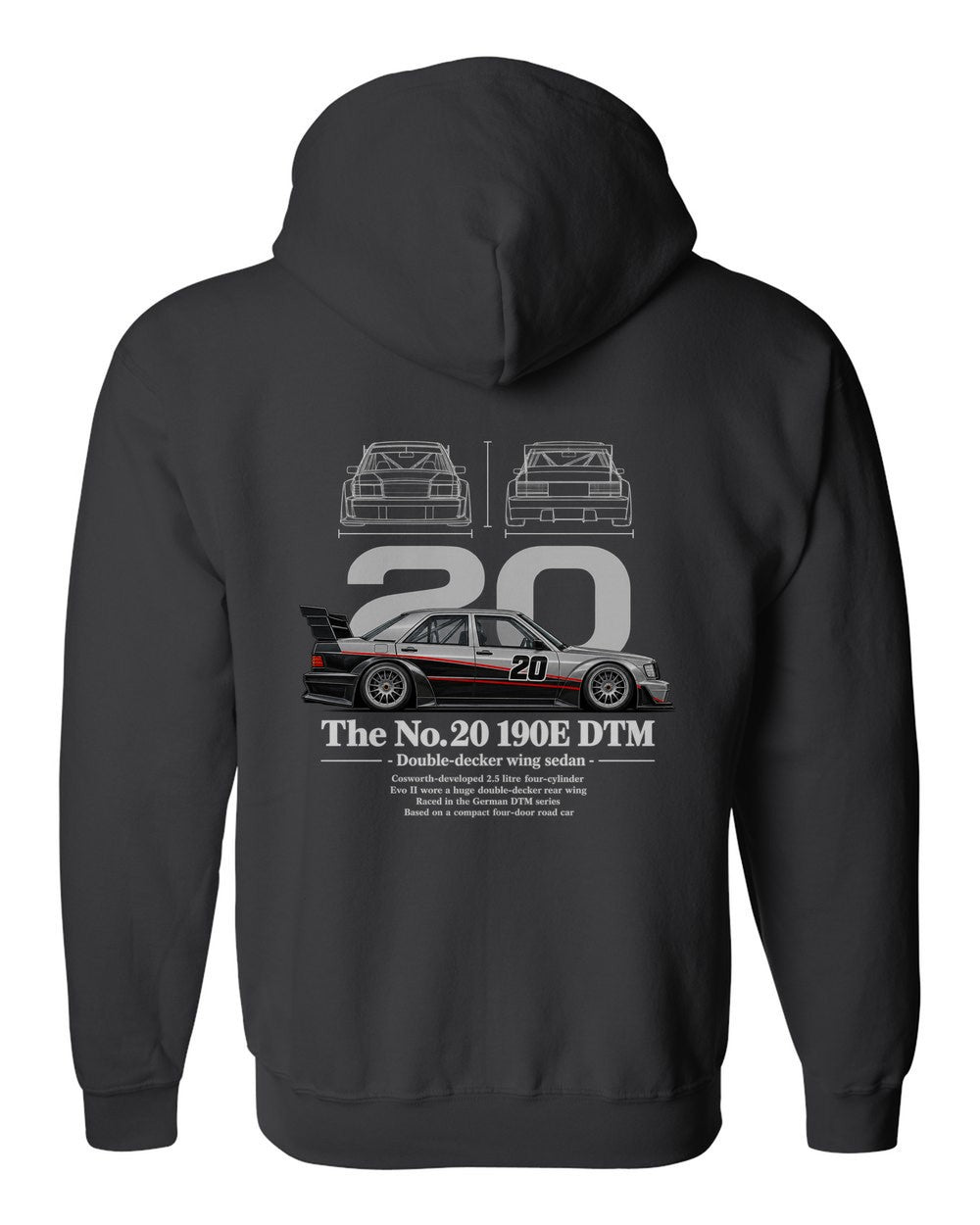 No. 20 190E DTM black zip hoodie back view with the design