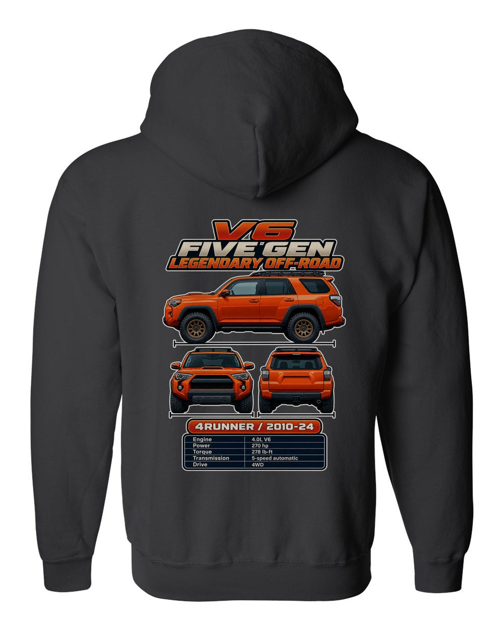Toyota 4Runner TRD spec sheet black zip hoodie back view with the design