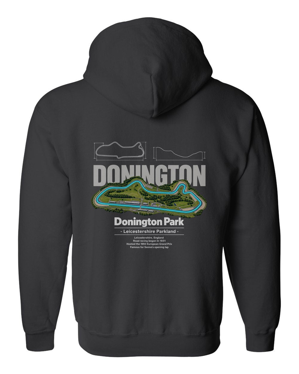 Donington Park black zip hoodie back view with the design