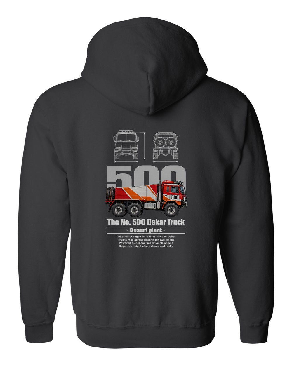 No. 500 Dakar Truck black zip hoodie back view with the design