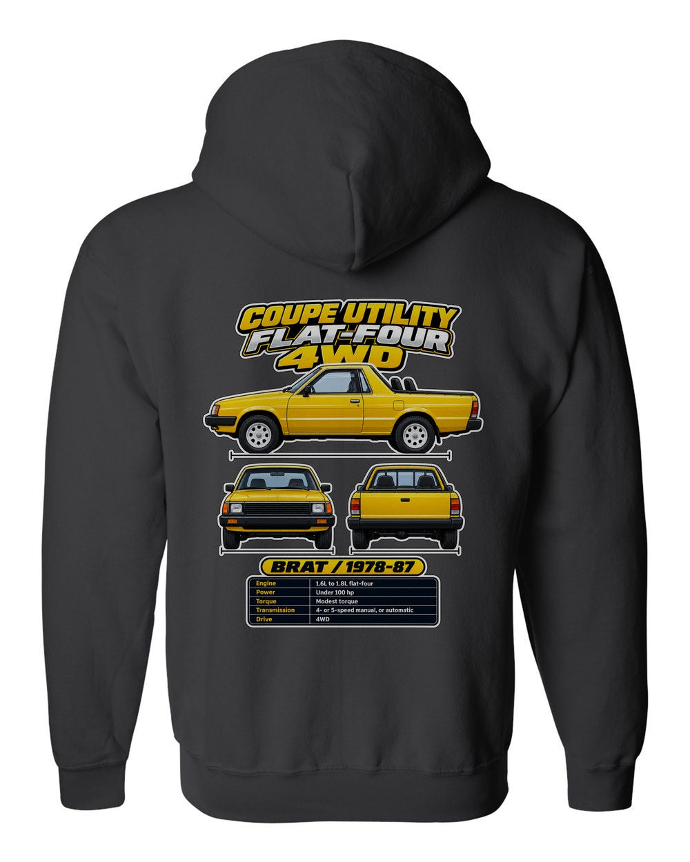 Subaru Brat spec sheet black zip hoodie back view with the design