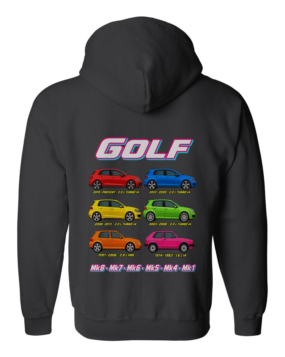 VW Golf evolution poster black zip hoodie back view with the design