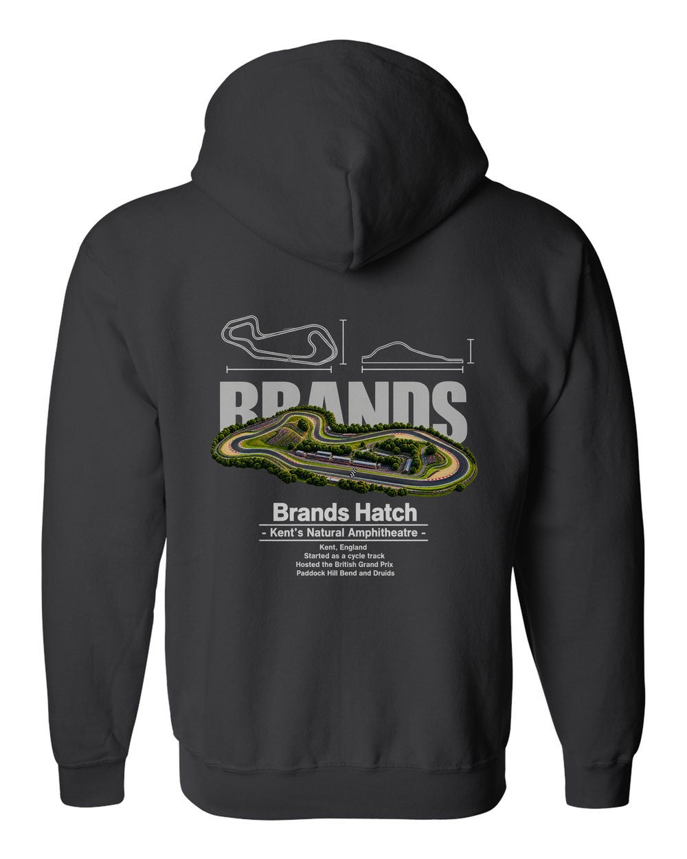 Brands Hatch black zip hoodie back view with the design