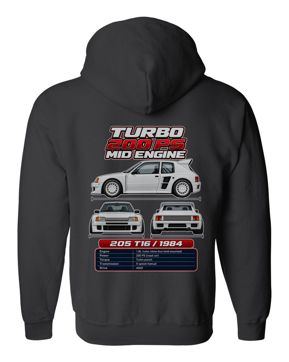 Peugeot 205 Turbo 16 spec sheet black zip hoodie back view with the design
