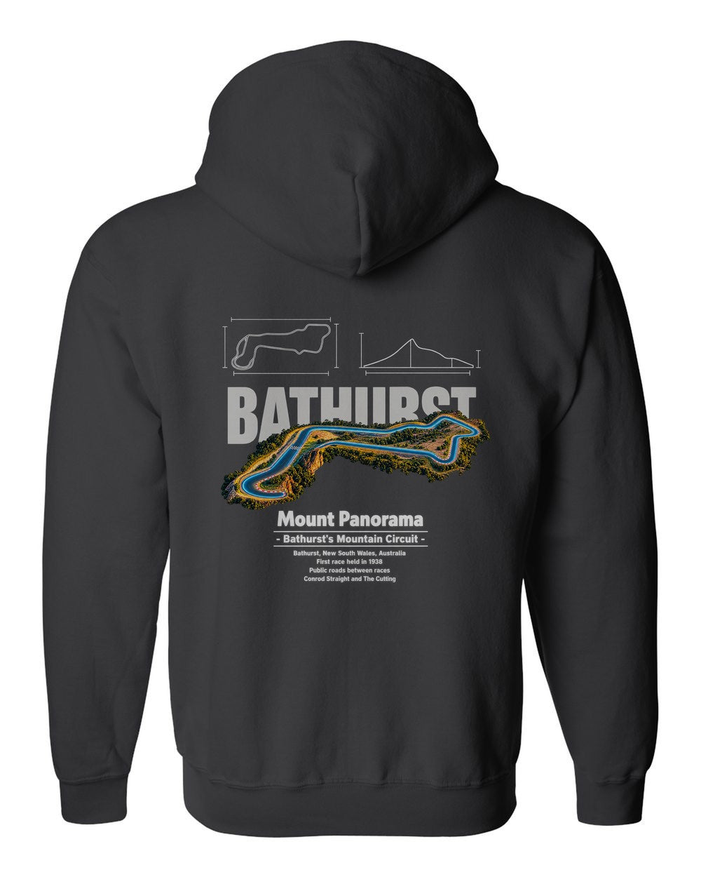 Mount Panorama black zip hoodie back view with the design