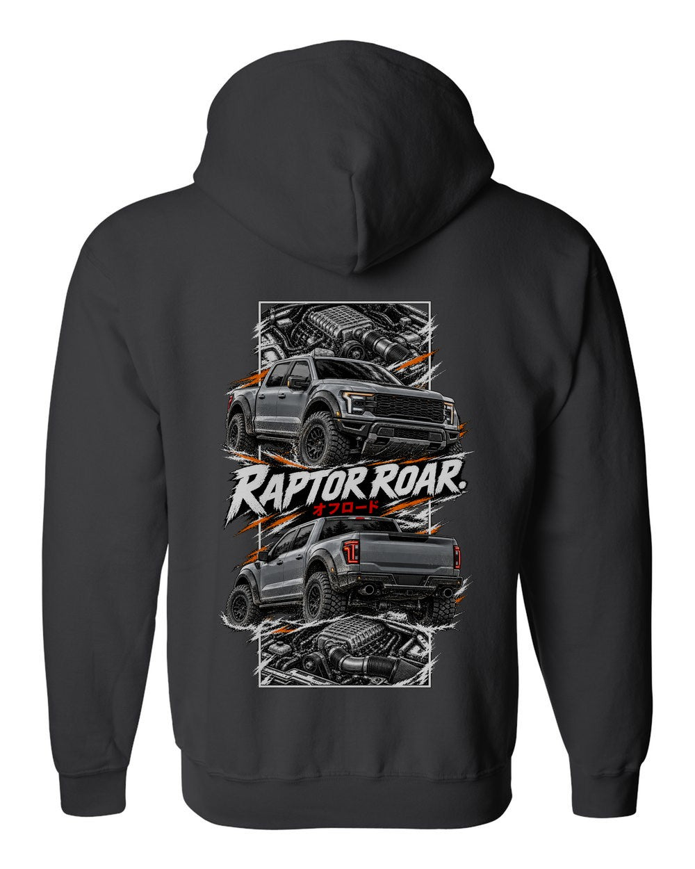 Ford F-150 Raptor R torn poster black zip hoodie back view with the design