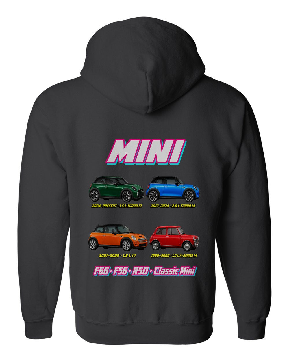 Mini Cooper evolution poster black zip hoodie back view with the design