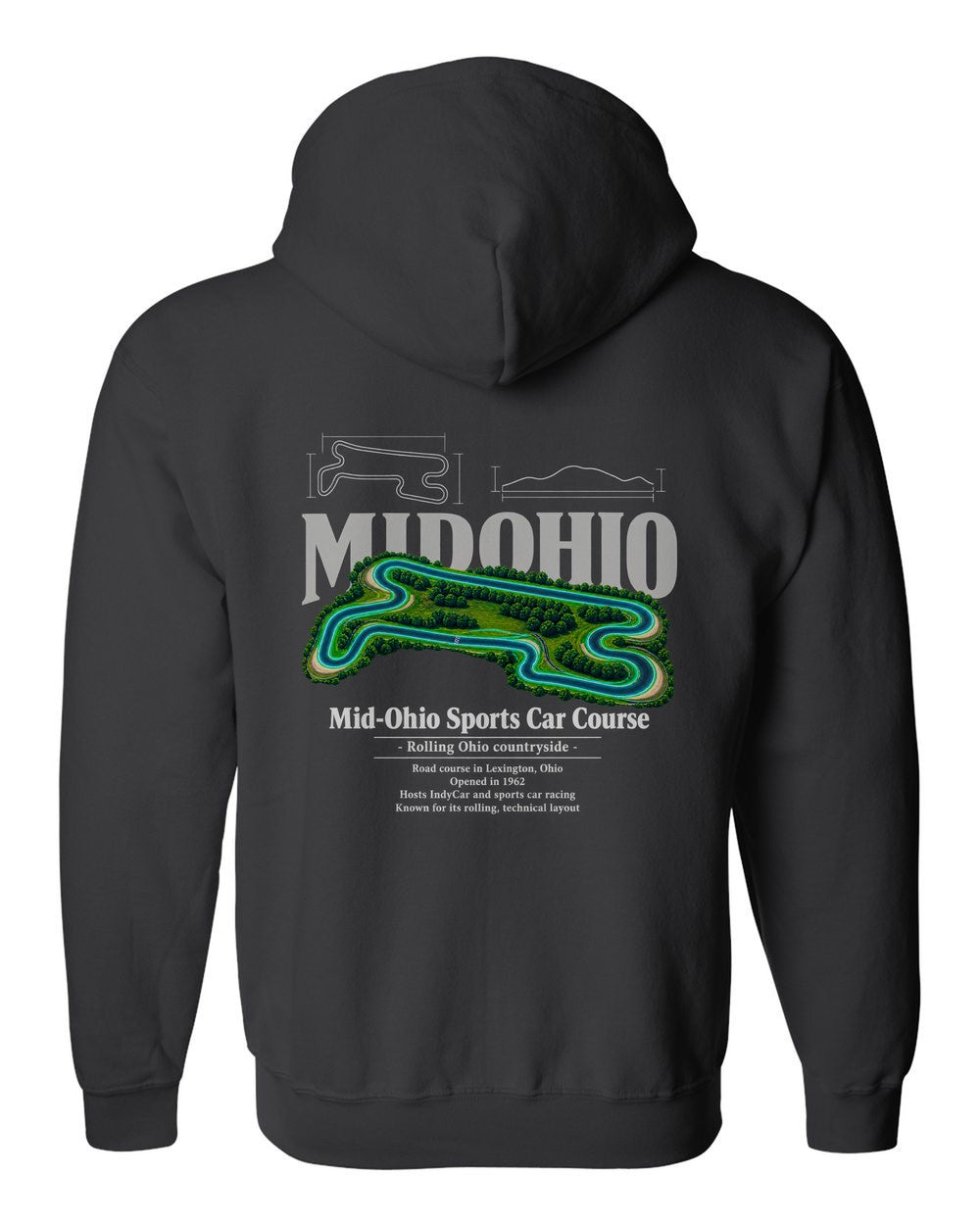 Mid-Ohio Sports Car Course black zip hoodie back view with the design