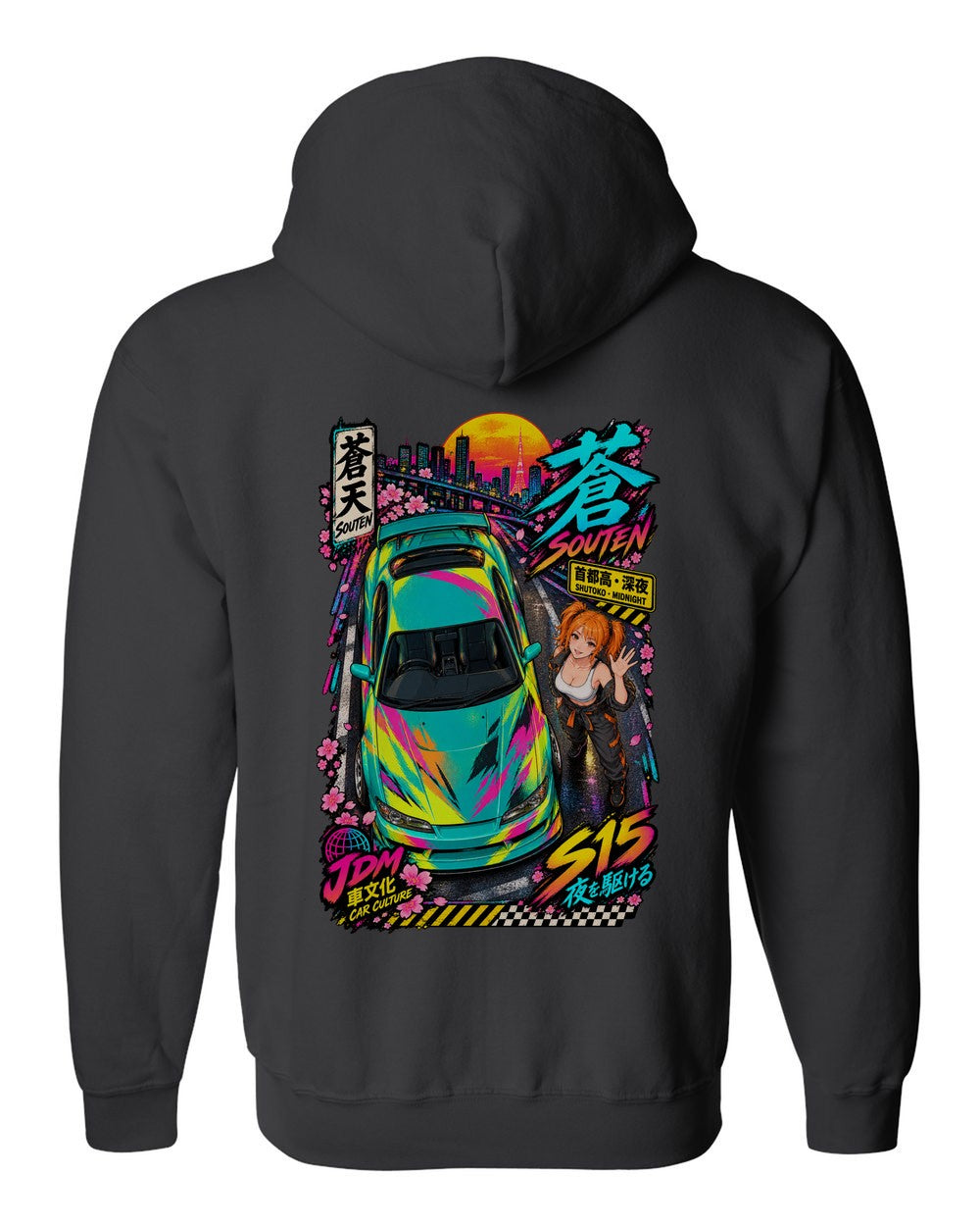 SOUTEN S15 full-back artwork black zip hoodie back view with the design