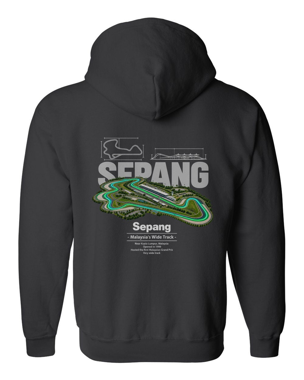 Sepang black zip hoodie back view with the design