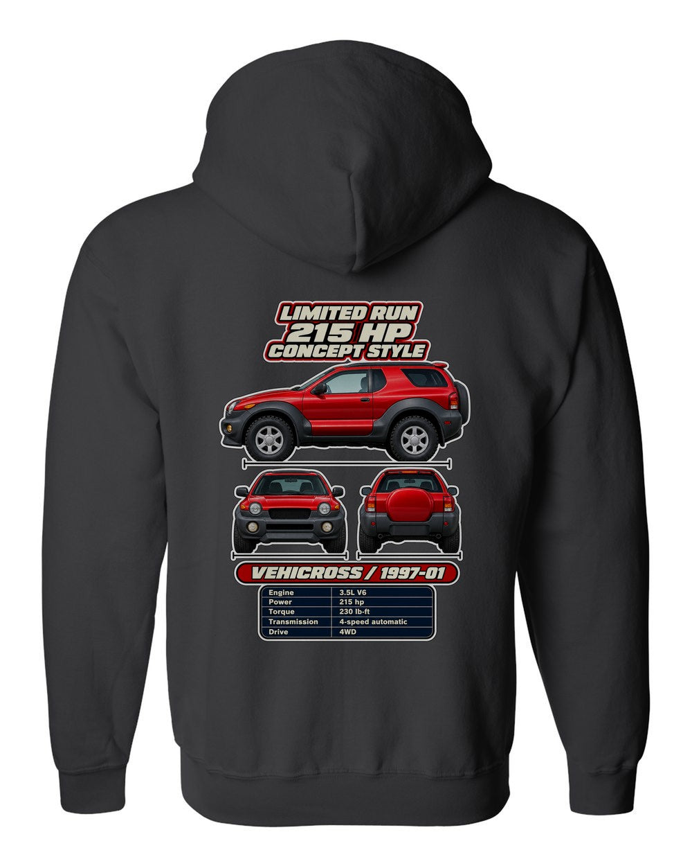 Isuzu Vehicross spec sheet black zip hoodie back view with the design