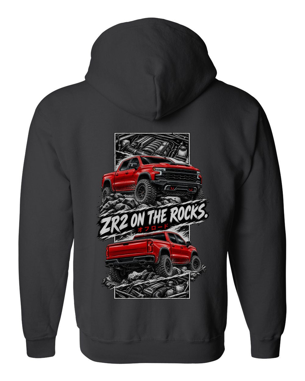Chevy Silverado Zr2 torn poster black zip hoodie back view with the design