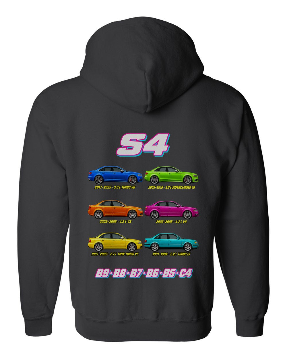 Audi S4 evolution poster black zip hoodie back view with the design