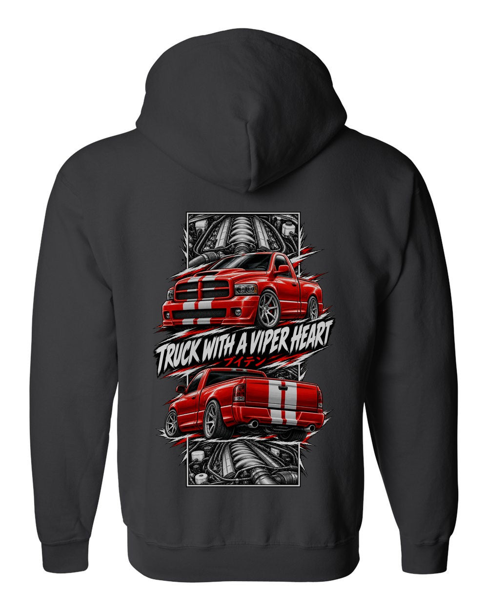 Dodge RAM SRT-10 torn poster black zip hoodie back view with the design