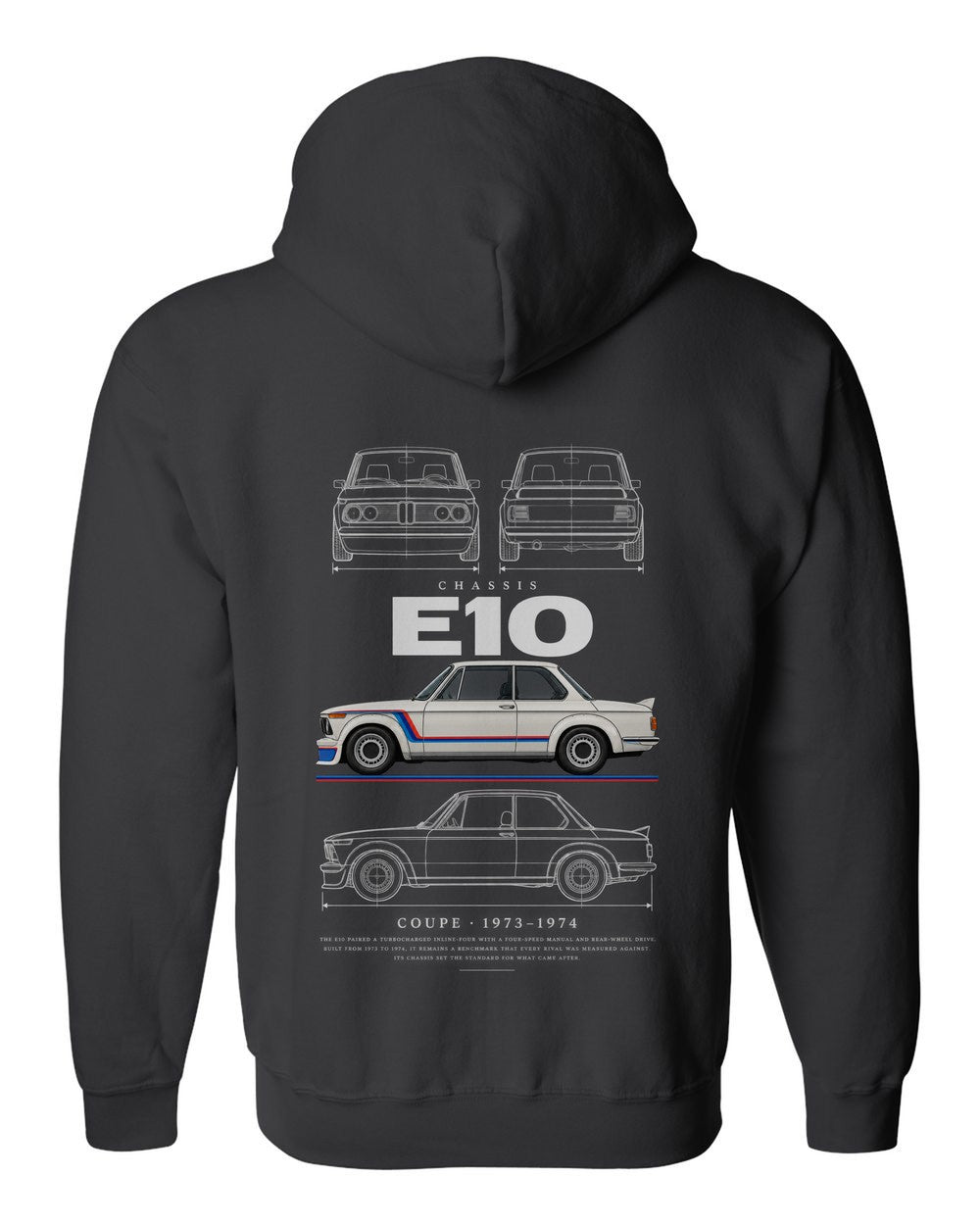 E10 full-back artwork black zip hoodie back view with the design