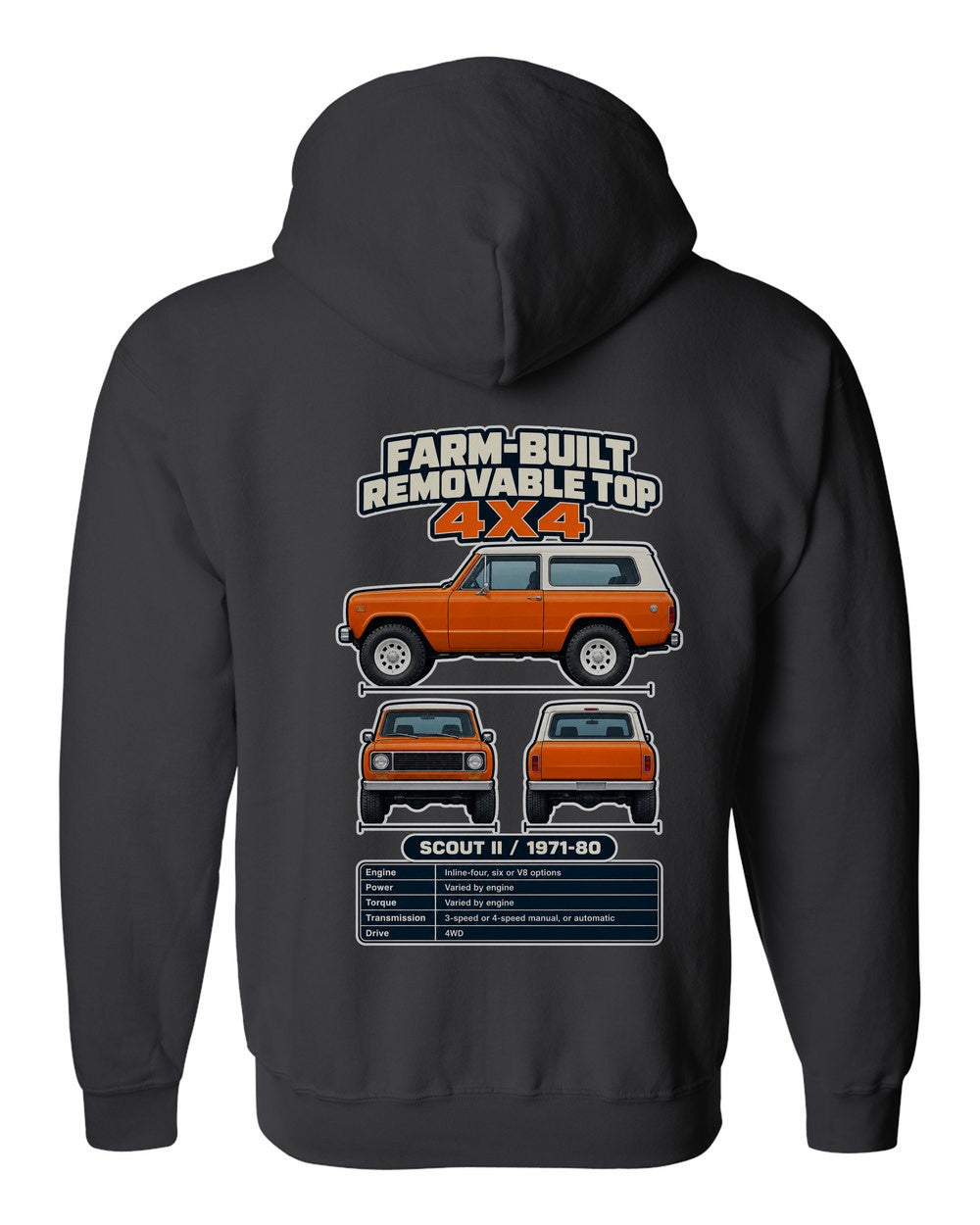 International Scout Ii spec sheet black zip hoodie back view with the design