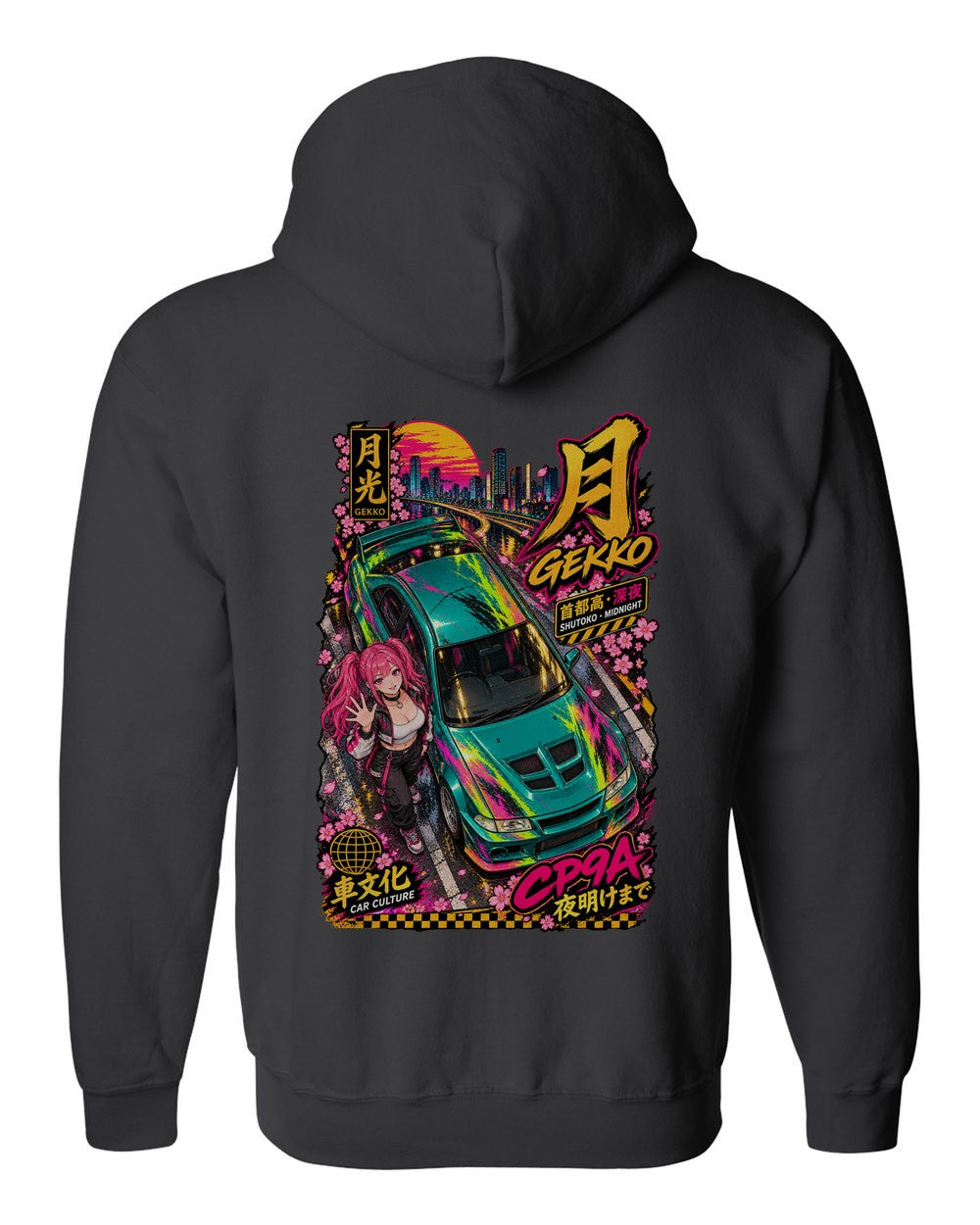 GEKKO CP9A full-back artwork black zip hoodie back view with the design