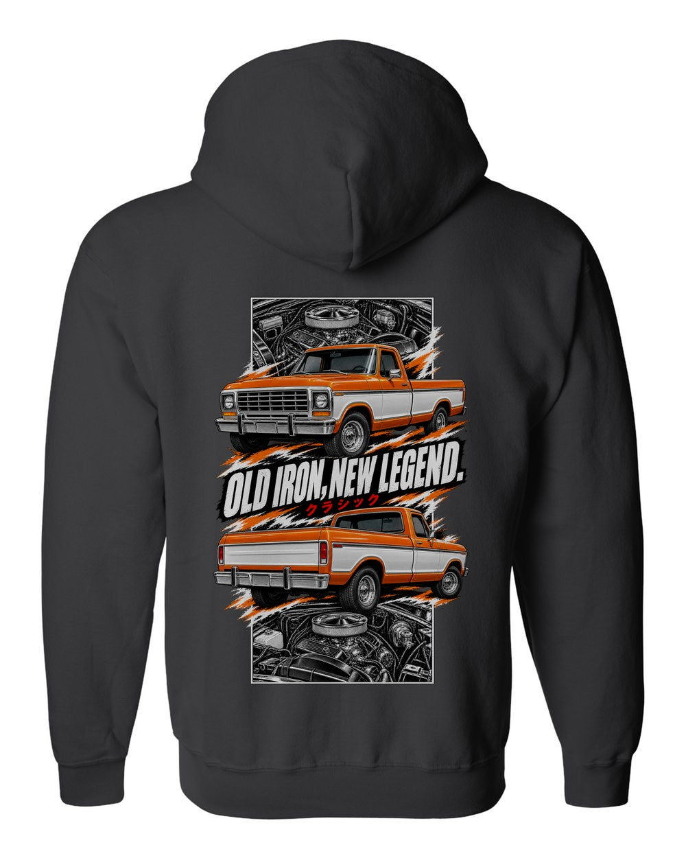 Ford F-150 1978 torn poster black zip hoodie back view with the design