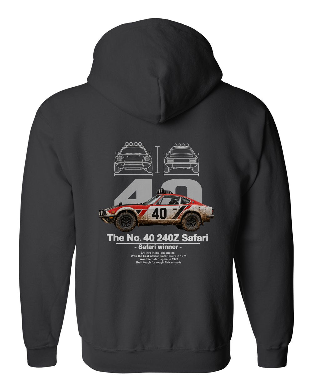No. 40 240Z Safari black zip hoodie back view with the design