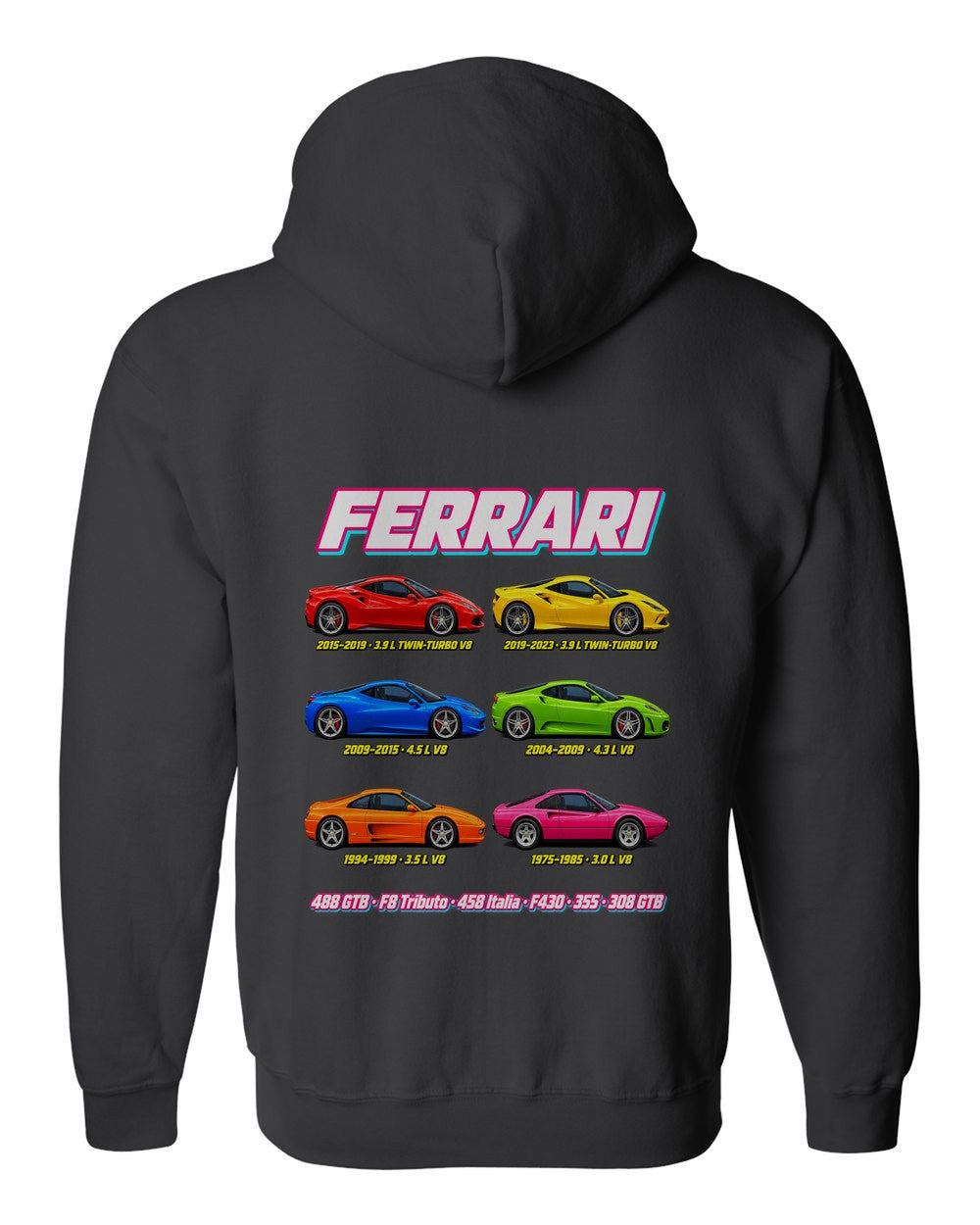 Ferrari V8 evolution poster black zip hoodie back view with the design