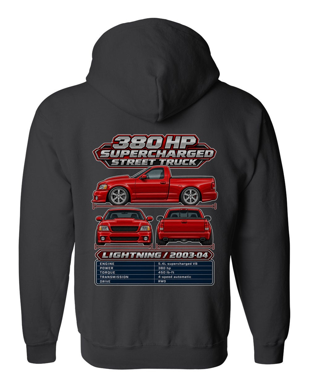 Ford SVT Lightning spec sheet black zip hoodie back view with the design