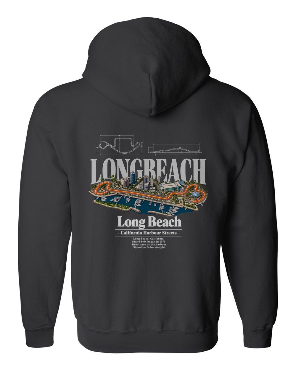 Long Beach black zip hoodie back view with the design