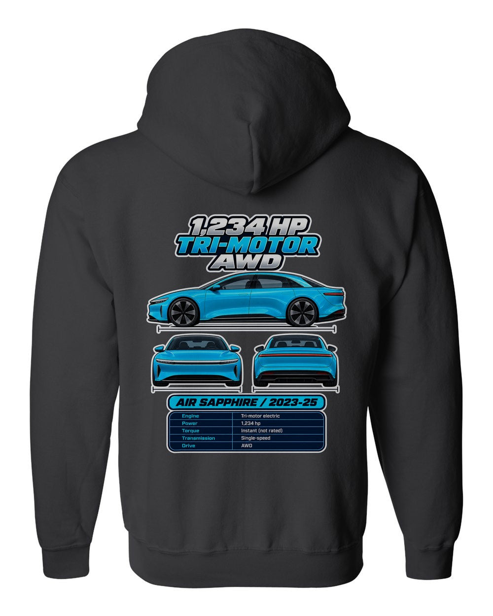 Lucid Air Sapphire spec sheet black zip hoodie back view with the design