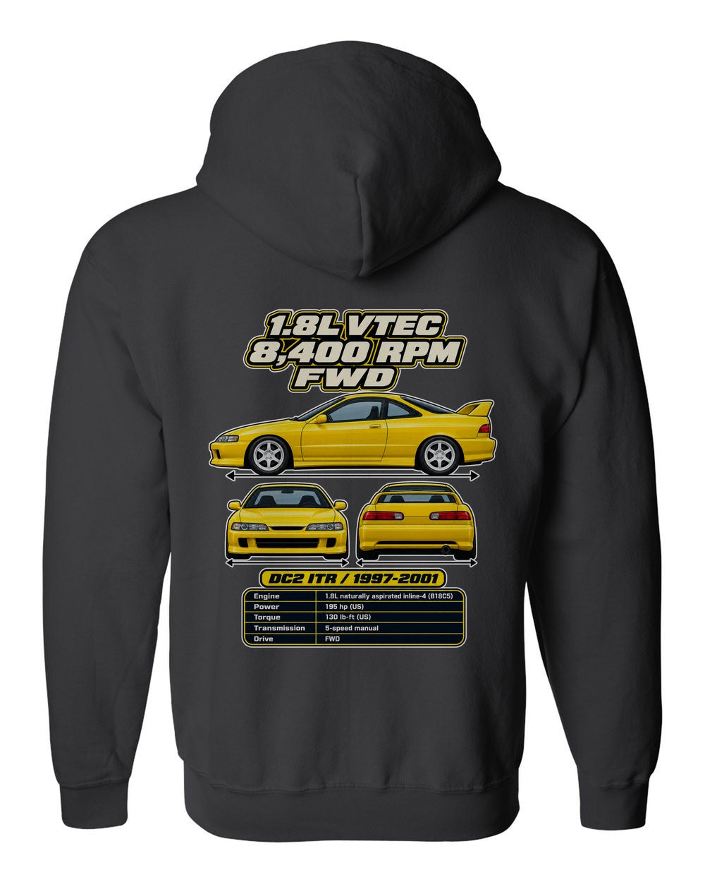 Acura Integra Type R Dc2 spec sheet black zip hoodie back view with the design