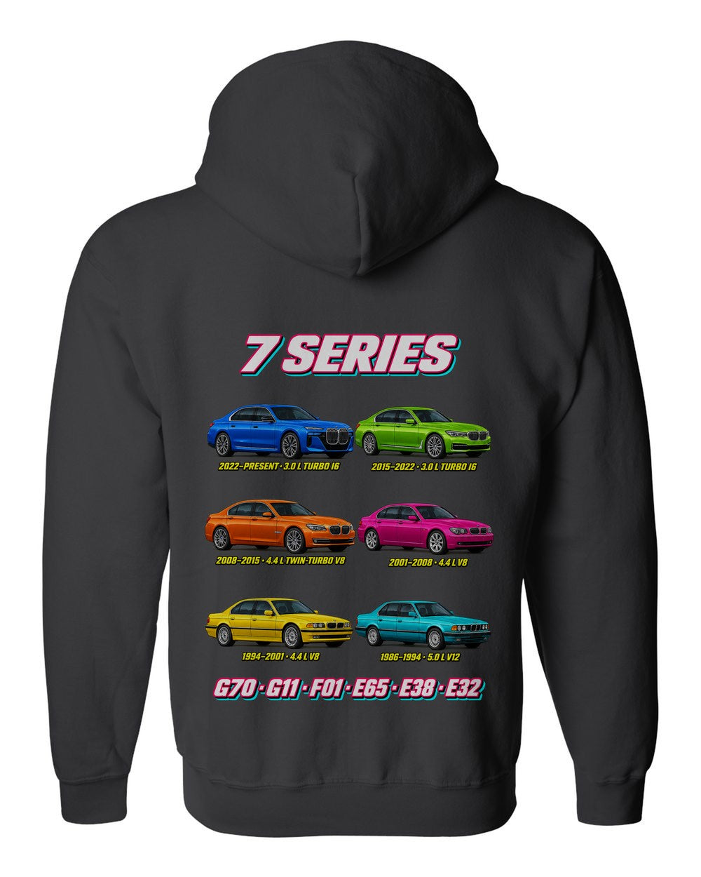 BMW 7 Series evolution poster black zip hoodie back view with the design