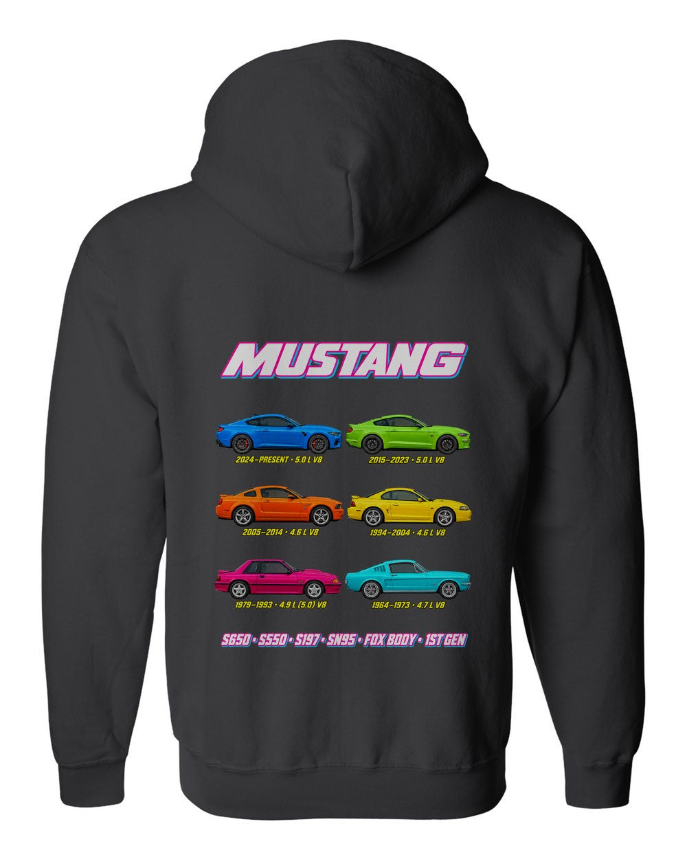 Ford Mustang evolution poster black zip hoodie back view with the design