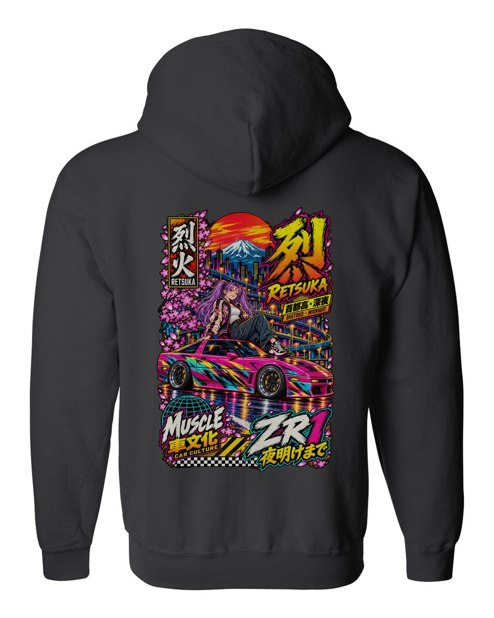 RETSUKA ZR1 full-back artwork black zip hoodie back view with the design