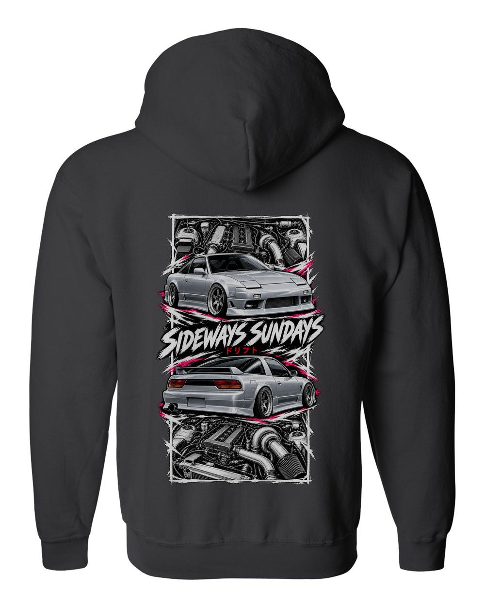 Nissan 180Sx S13 torn poster black zip hoodie back view with the design