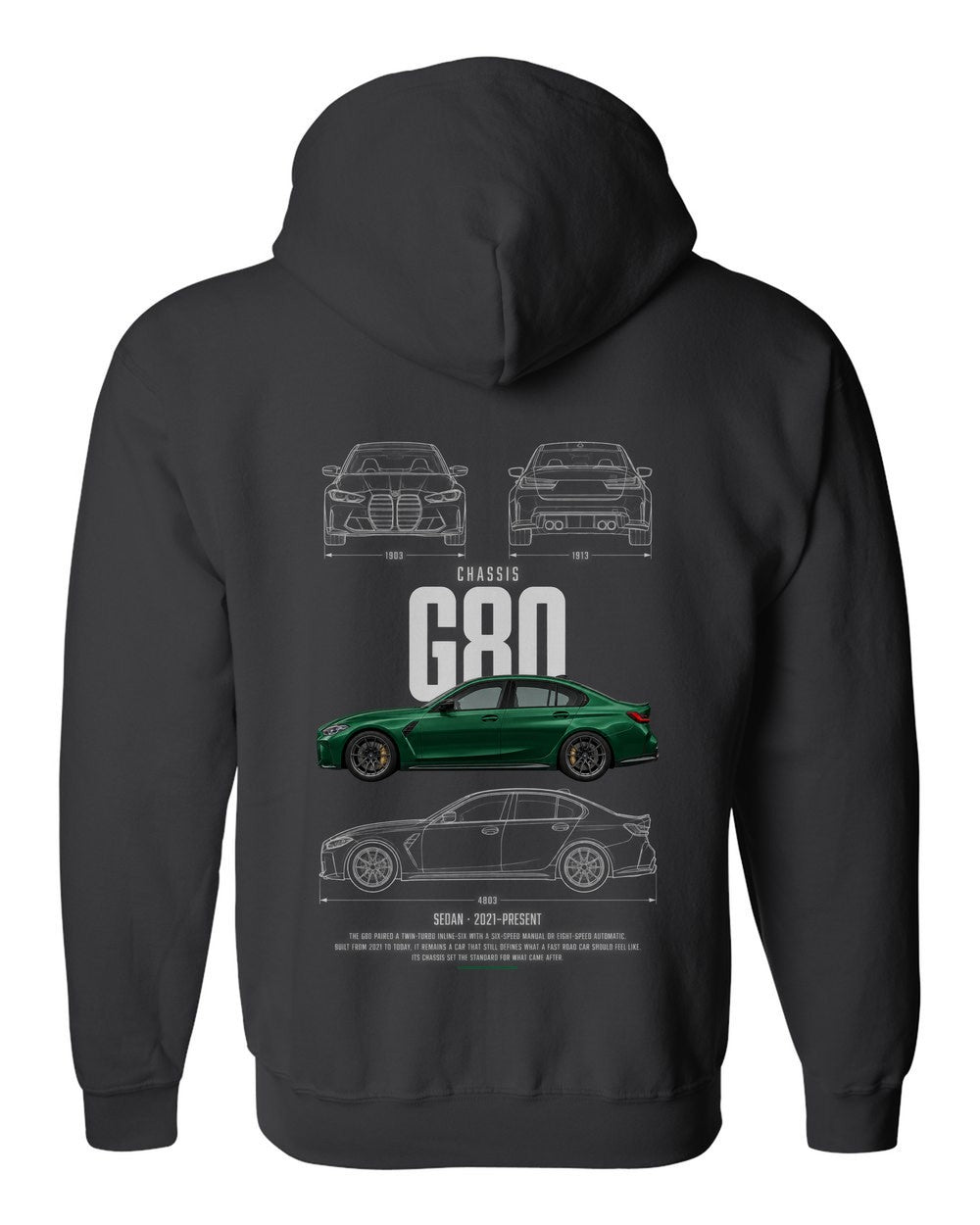 G80 full-back artwork black zip hoodie back view with the design